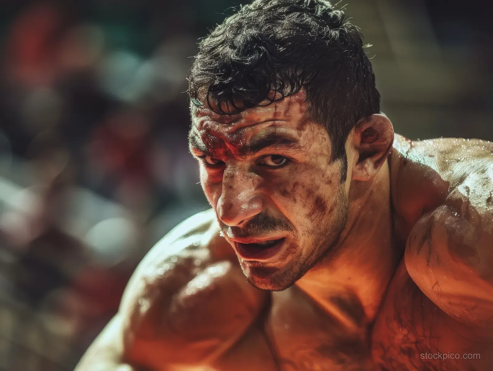 Turkish freestyle wrestler mid-throw in an indoor arena with blurred spectators behind him.