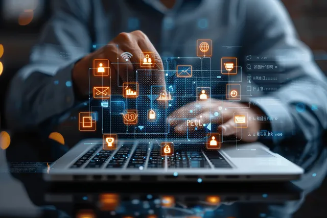 Hands holding a laptop with glowing handshake and floating network icons indicating partnership collaboration.