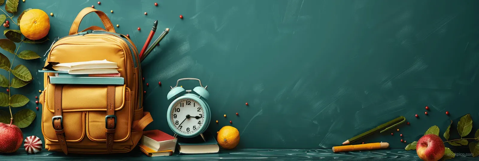 Backpack, pencils, crayons, and an alarm clock placed on a green chalkboard with copy space.