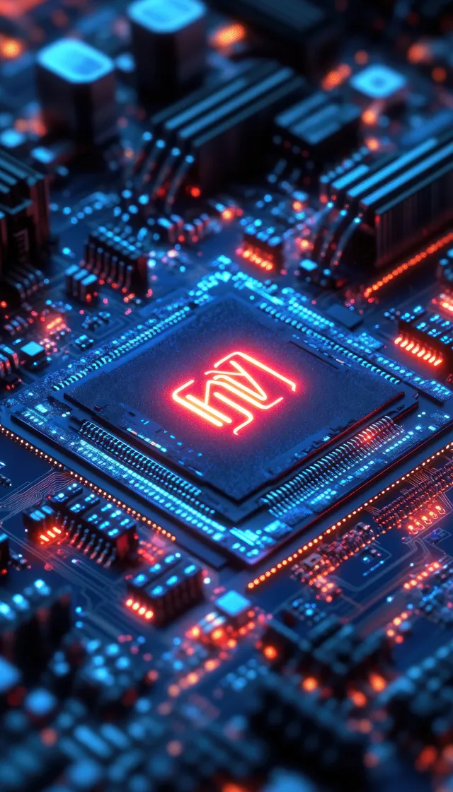 Glowing Microchip on Circuit Board with Blue and Red Illuminated Pathways