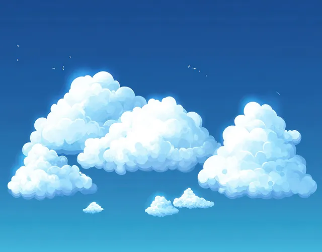 Small birds fly across a clear blue sky above bright fluffy white clouds.