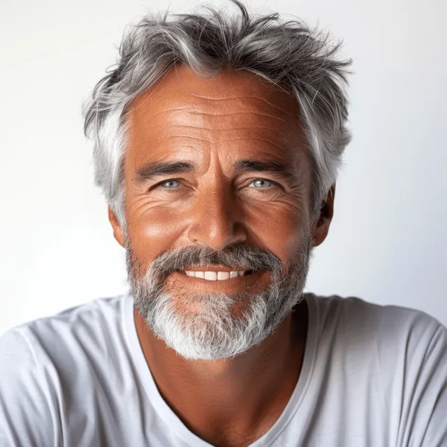 Smiling senior man with gray hair and beard shown in a close-up portrait on a white background.