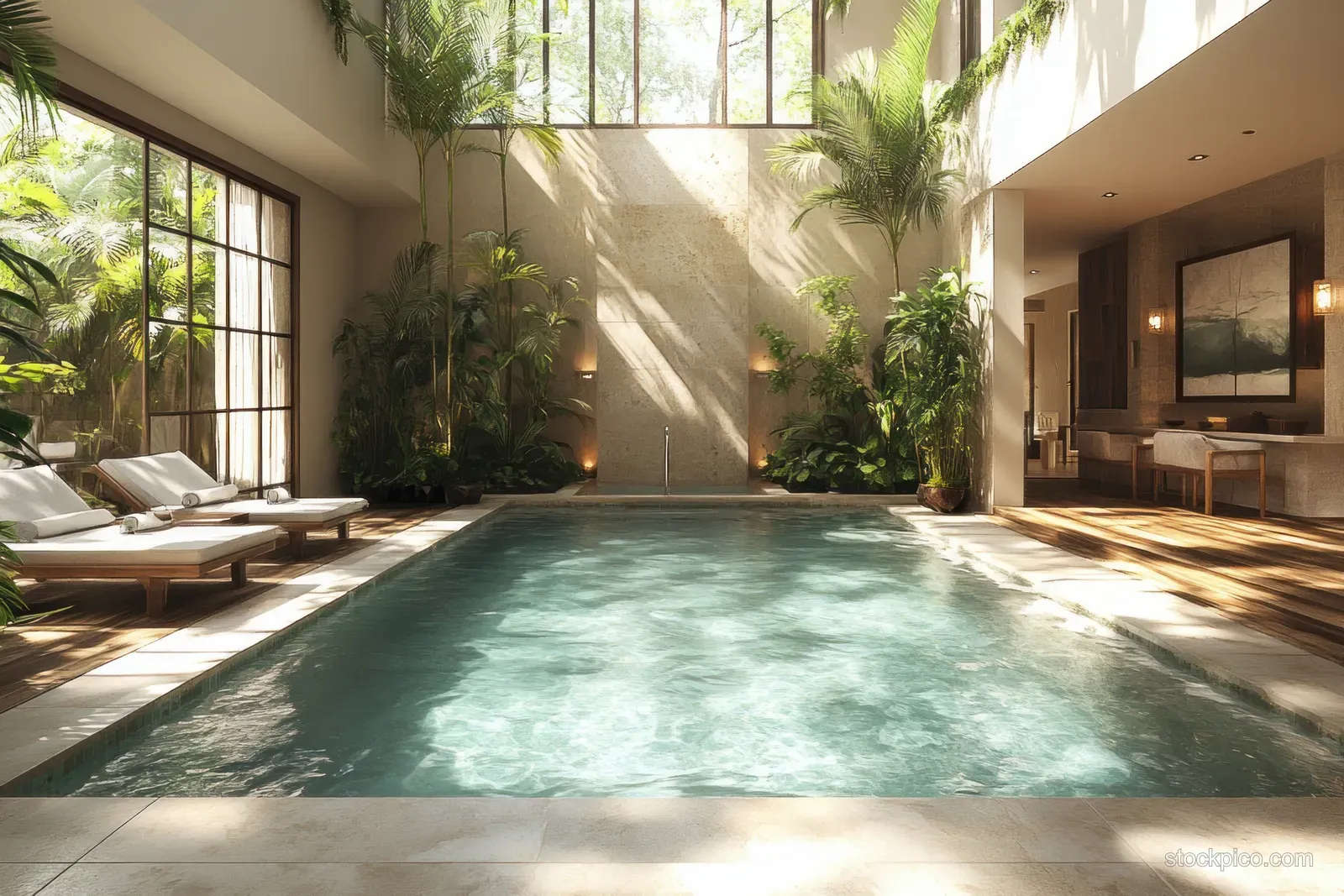 Sunlit tropical pool with wooden deck and lounge chairs beside lush palms and a blank wall backdrop.