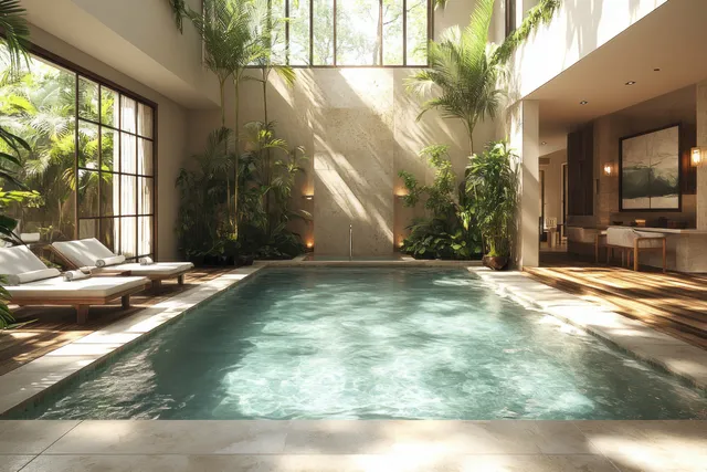 Sunlit tropical pool with wooden deck and lounge chairs beside lush palms and a blank wall backdrop.