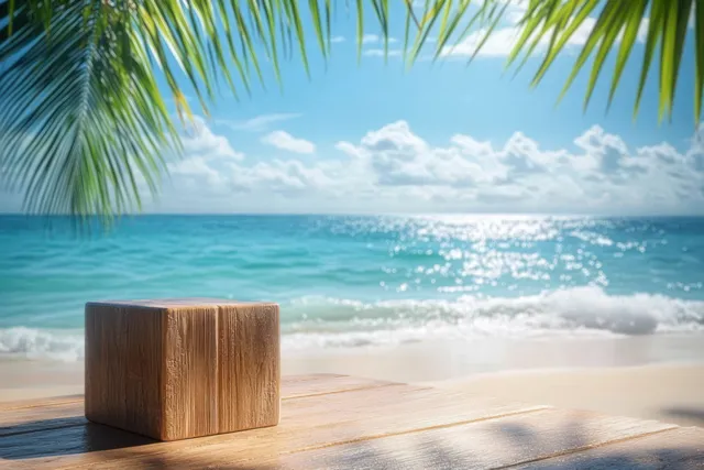 Wooden podium block stands on tropical beach sand while ocean waves roll under bright sunlight.