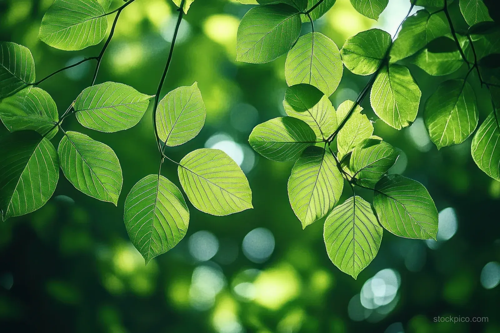 Backlit chestnut leaves glow in sunlight with soft green bokeh across a forest canopy.