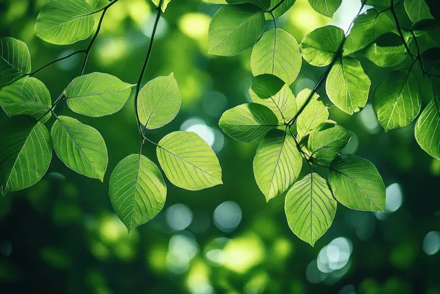 Backlit chestnut leaves glow with sunlight in a quiet forest canopy
