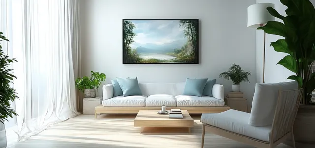 Minimalist living room interior with light-blue sofas, sheer curtains, framed landscape art, and potted plants.