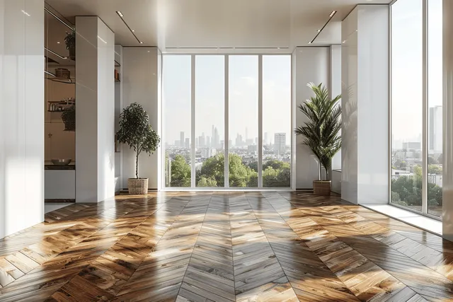 Sunlit modern living room with floor-to-ceiling windows and wooden parquet city skyline view