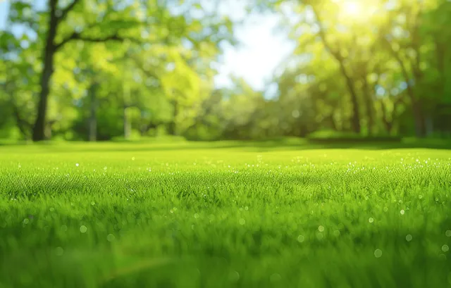 Soft-focus spring lawn with green grass and trees under a bright blue sunny sky.