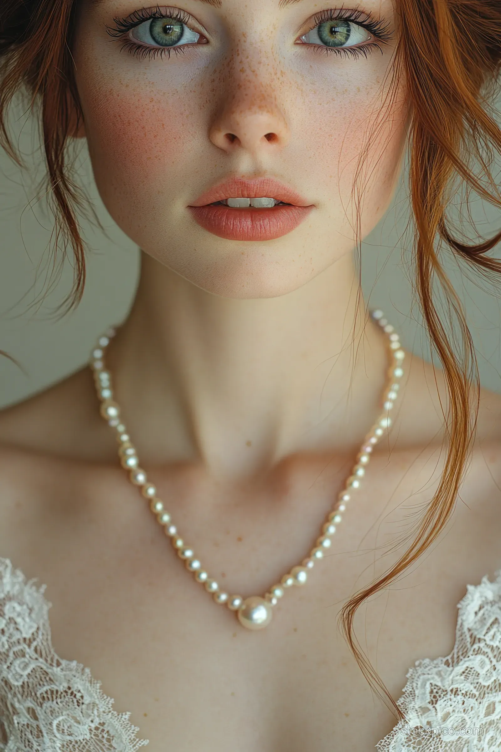 Close-up portrait of a young woman wearing layered pearl necklace and lace, lit by soft natural light.