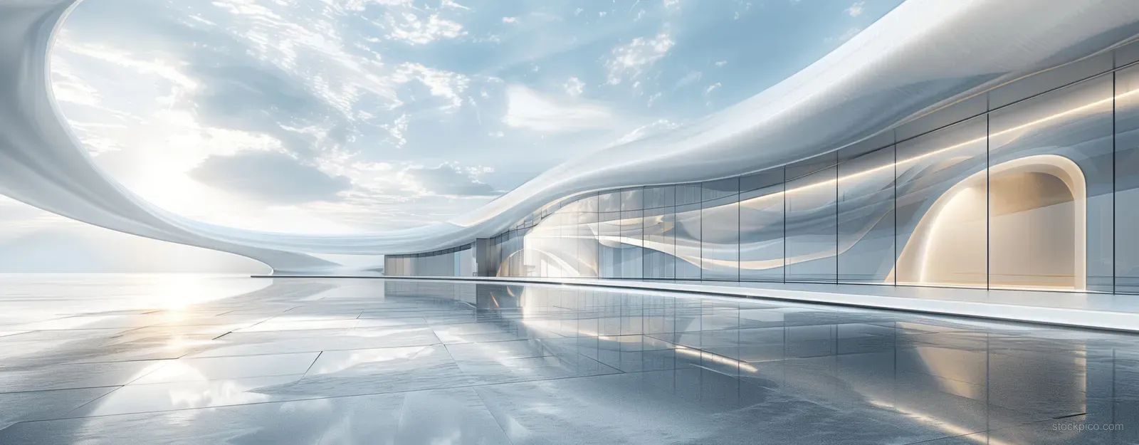 Curved white architectural hall with glass walls and a concrete floor reflecting daylight under a blue sky.