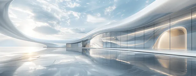 Curved white architectural hall with glass walls and a concrete floor reflecting daylight under a blue sky.