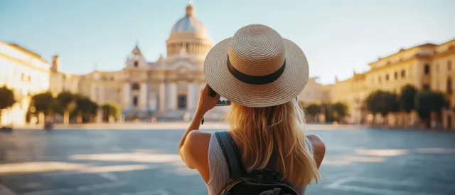 Backpacked traveler in wide-brim hat photographing a domed historic cathedral square