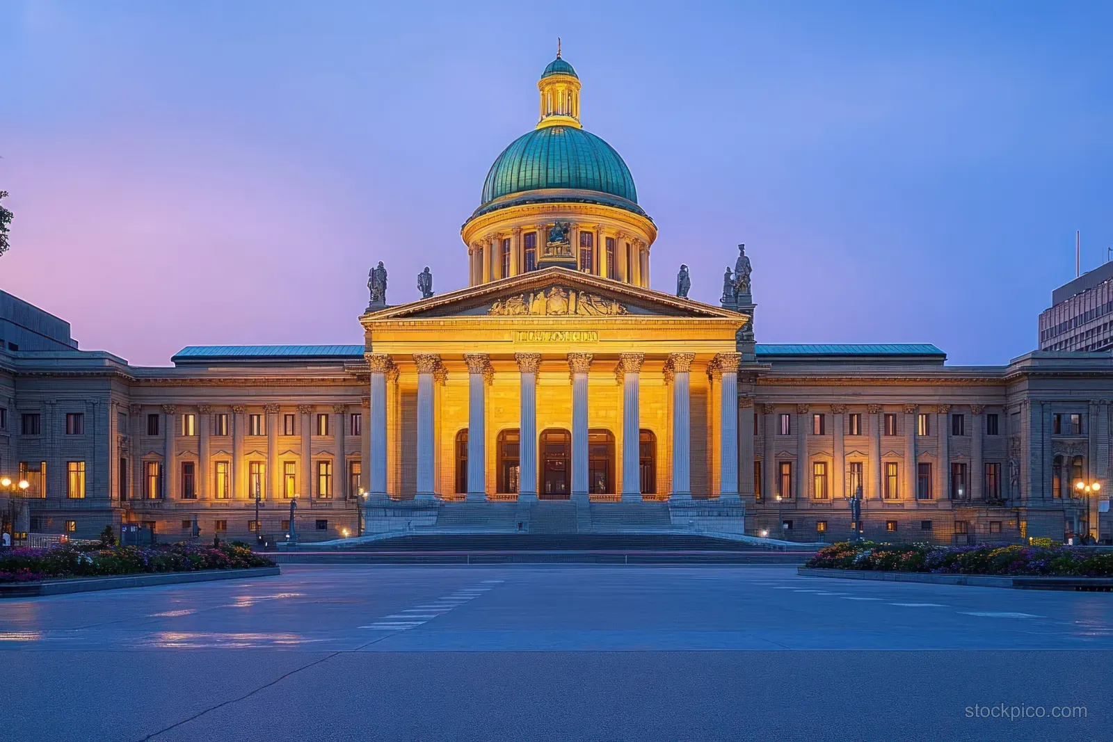 Swiss Federal Palace at dusk in Bern with a glowing green dome and warm lights over the empty plaza.