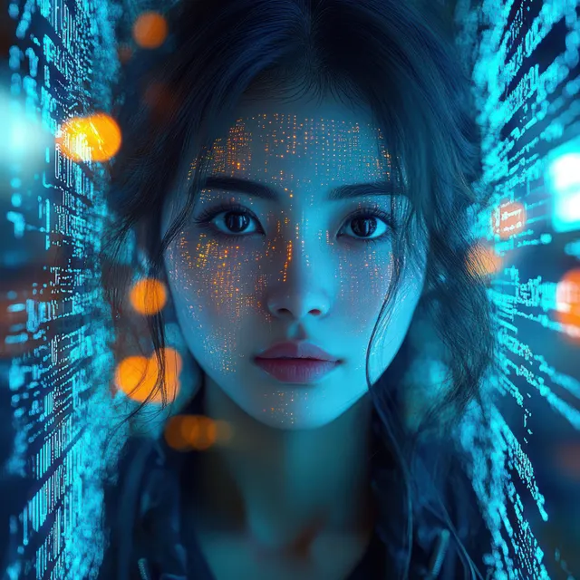 A young woman’s face is illuminated by blue and orange digital code with a futuristic holographic interface projection.