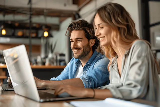 Dois profissionais sorridentes colaboram em uma mesa usando um laptop durante uma reunião casual no escritório.