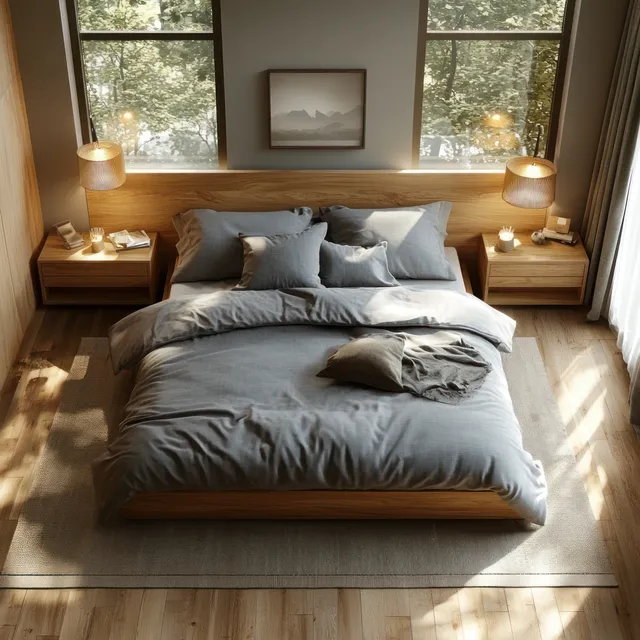 Minimalist bedroom with a wooden bed, gray bedding, bedside lamps, and warm sunlight through large windows.