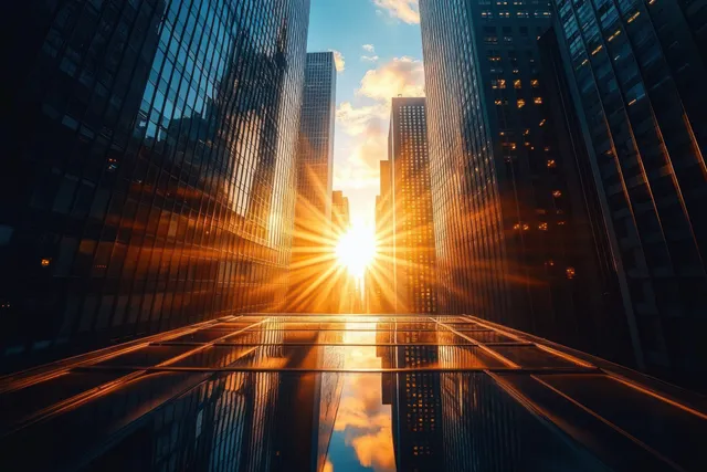Sunburst sunset shines between tall skyscrapers with golden reflections across their glass facades.
