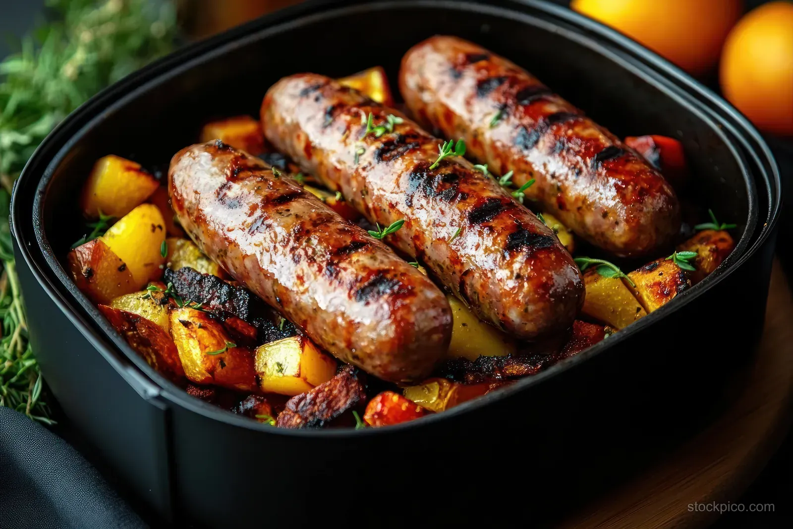 Three grilled sausages in a black pan on roasted vegetables, garnished with fresh green herbs.