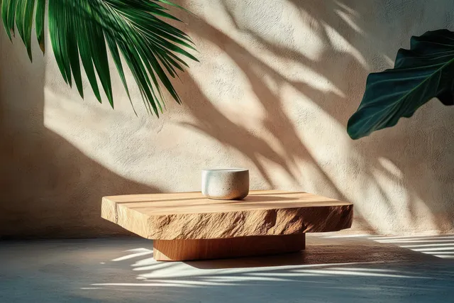 Minimalist rustic wooden table holding small ceramic cup with tropical leaf shadows
