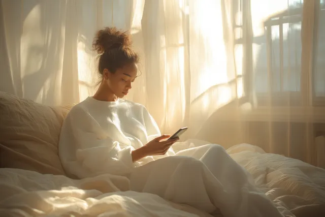 Young man scrolling on smartphone on bed, soft daylight through sheer curtains