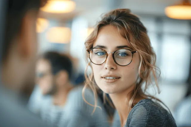 Young woman with round eyeglasses smiles at the camera in a warmly lit cafe with blurred people behind her.