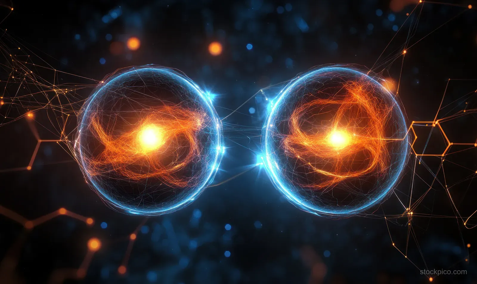 Two neon energy orbs containing atomic particles glow inside a connected hexagonal quantum lattice.