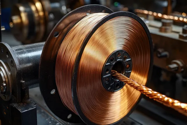 Close-up copper wire spool on an industrial winder with braided cable extending outward