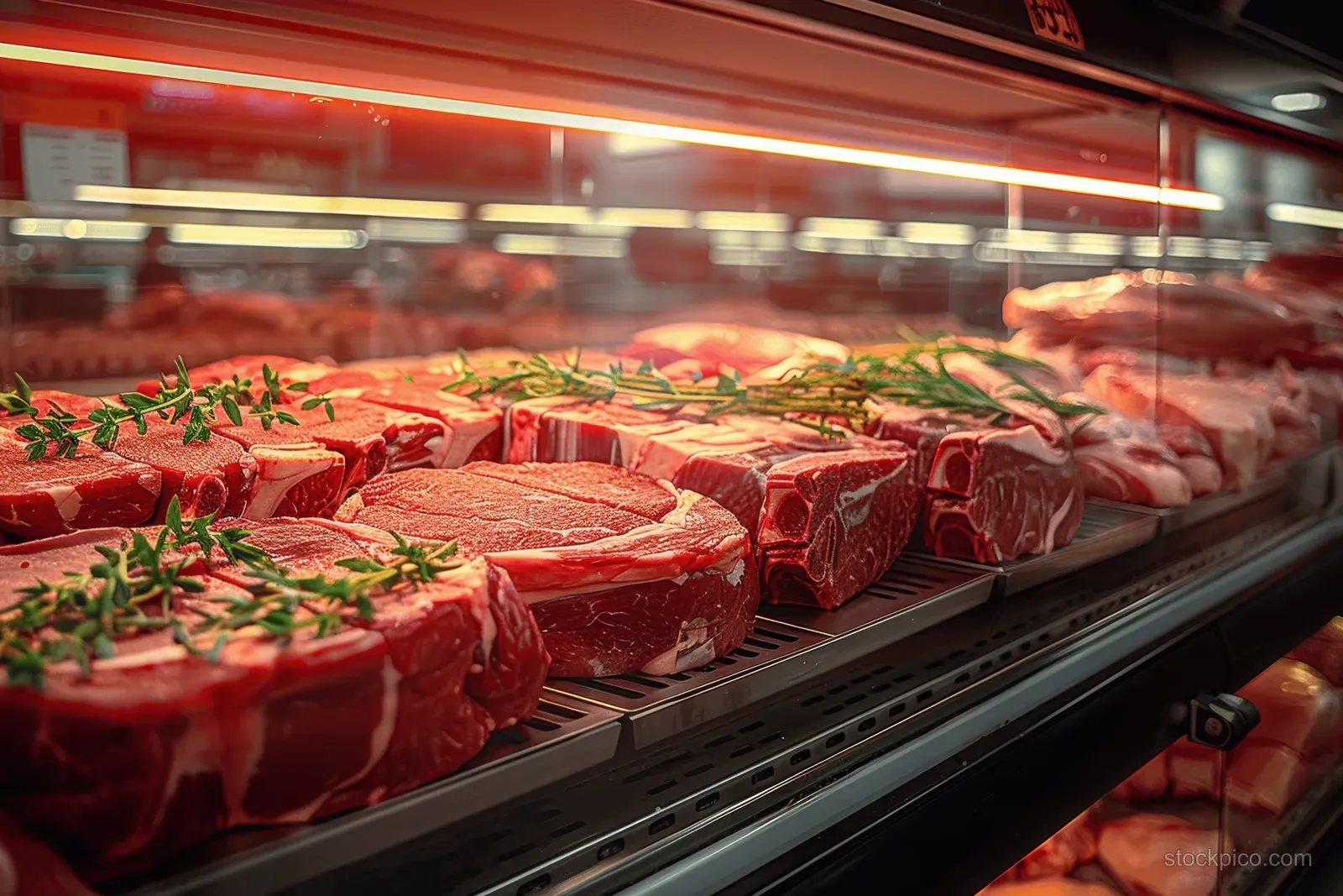 Raw beef steaks of different cuts arranged in a supermarket refrigerated display case with warm overhead lighting.