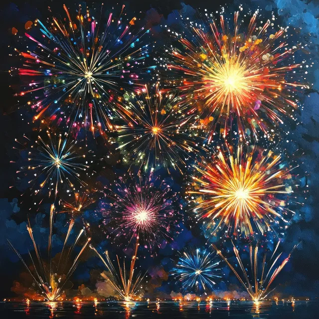 Impressionist-style fireworks burst across a dark night sky above silhouetted trees and shimmering reflections.