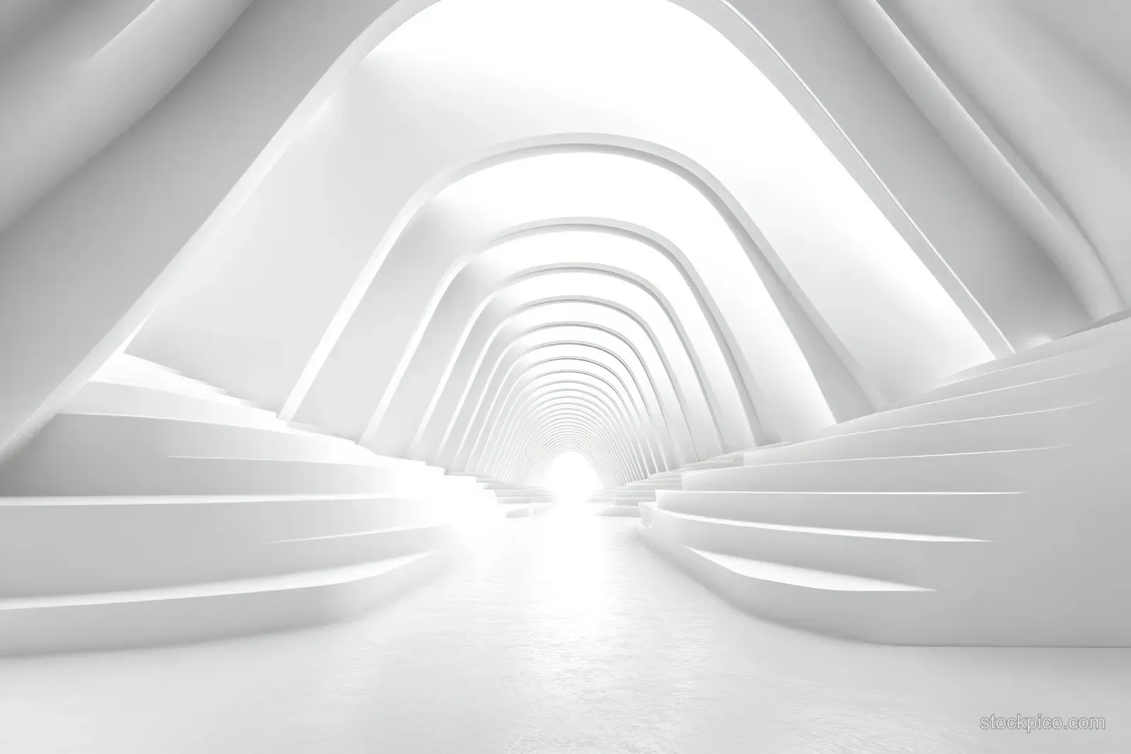 Minimalist white corridor with repeating arch shapes and softly glowing light centered in the distance.