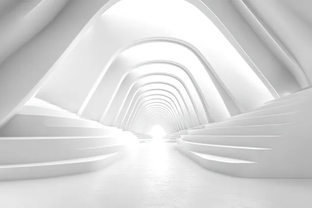 Minimalist white corridor with repeating arch shapes and softly glowing light centered in the distance.