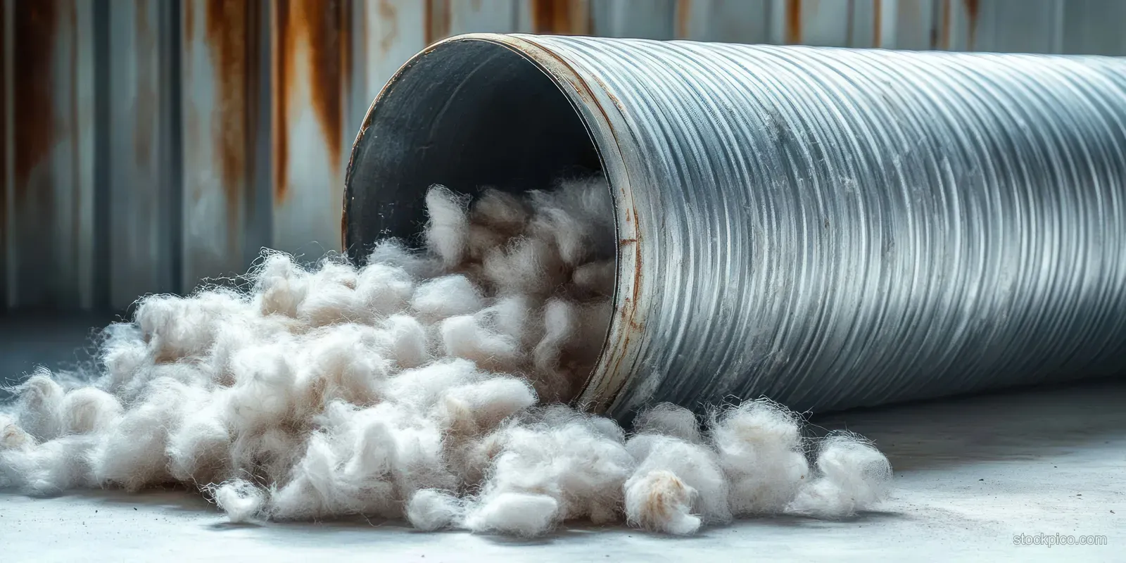 Soft white wool fibers spilling from a gray corrugated metal tube onto a concrete floor in an industrial workshop.