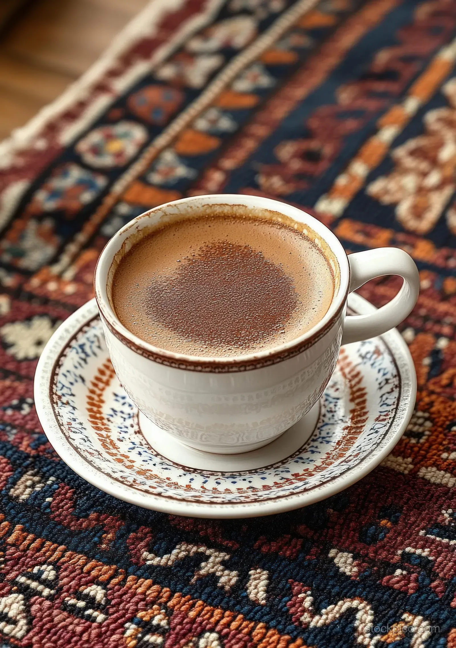 A white cup of frothy coffee rests on a matching saucer on a colorful patterned textile background.