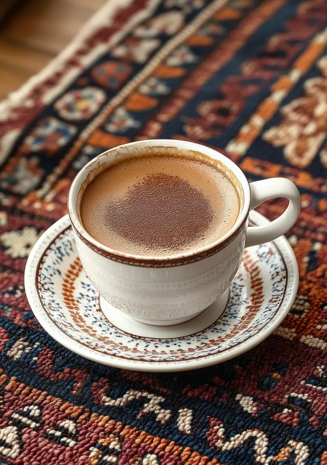 Frothy coffee in a white cup on matching saucer atop colorful patterned textile