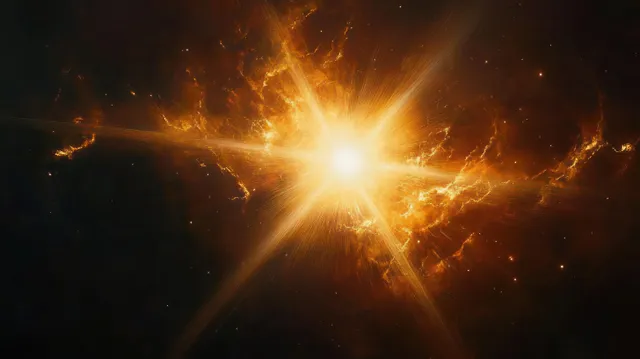 A radiant starburst light explosion shines through fiery orange and yellow nebula clouds in dark space.