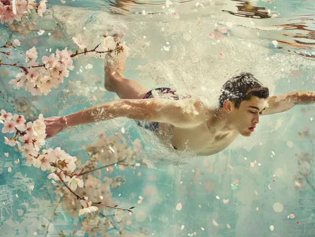 Butterfly swimmer cutting through clear water with cherry blossoms drifting nearby