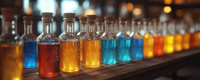 Glowing blue and amber glass flasks lined on a wooden shelf in a warm vintage alchemist laboratory.