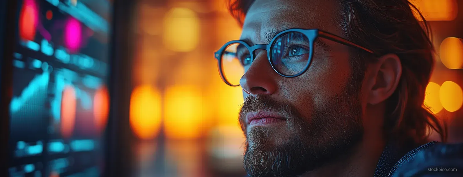 Glasses-wearing analyst watches glowing financial charts reflected in a computer screen during a meeting.