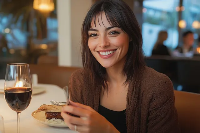 Smiling woman seated at restaurant table, holding smartphone, sharing dinner moment