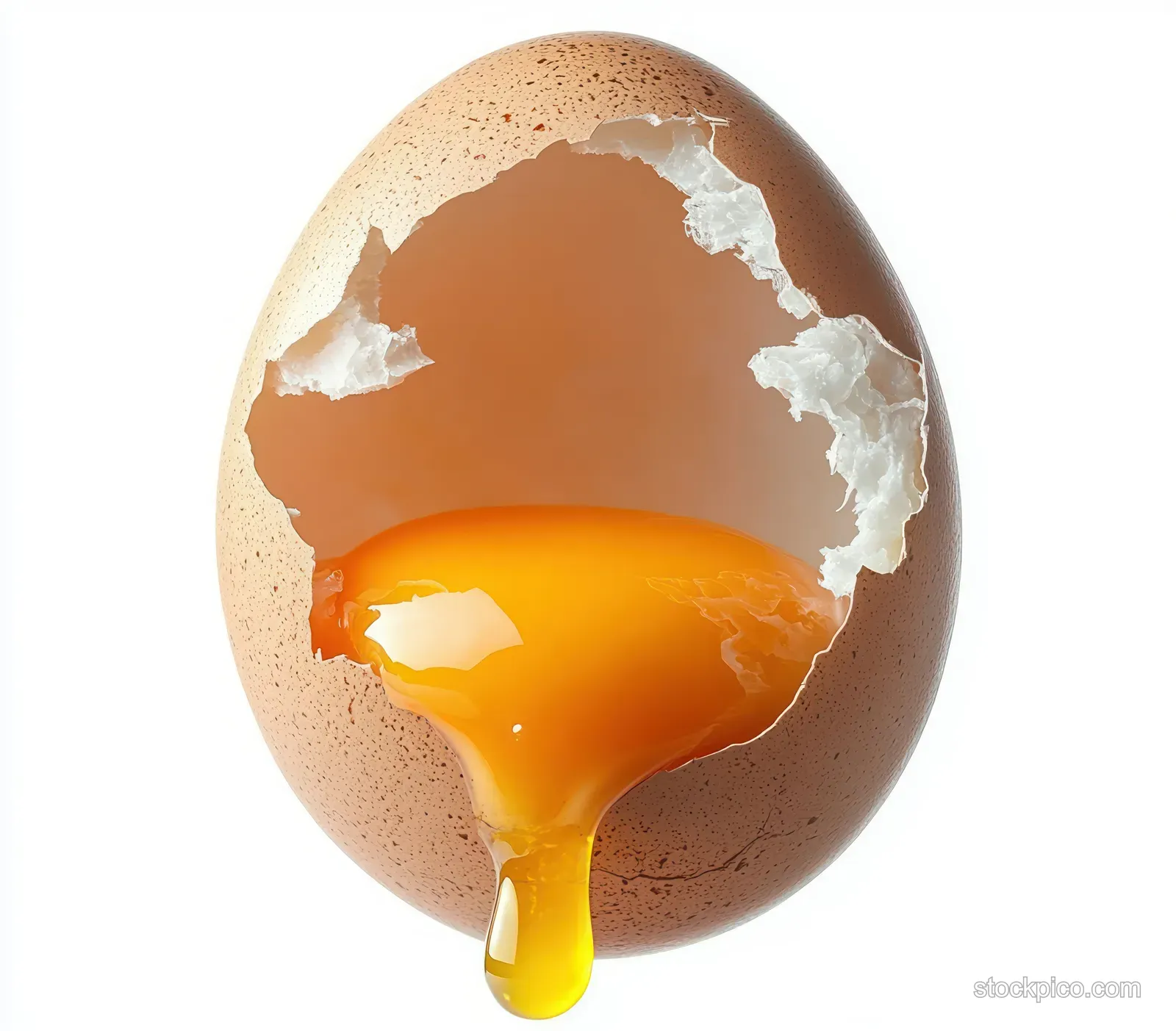 A partially cracked brown egg on a white background with golden yolk dripping from the break.