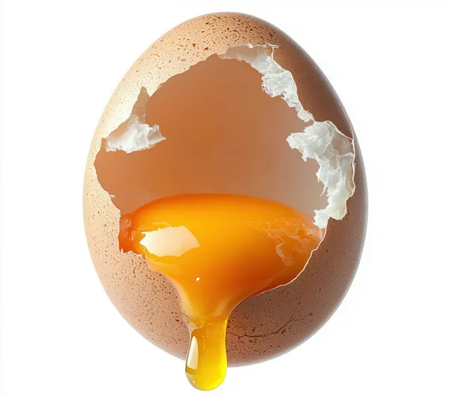 A partially cracked brown egg on a white background with golden yolk dripping from the break.