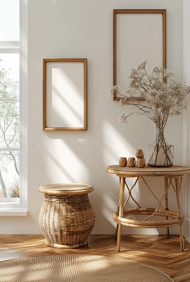 Scandinavian living room corner with rattan side table, vase decor, and two framed mock posters on a white wall.