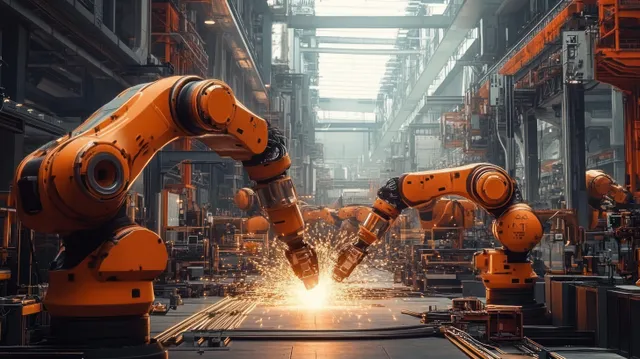 Orange robot arms weld a metal beam on an industrial production line as sparks fly under bright factory lights.