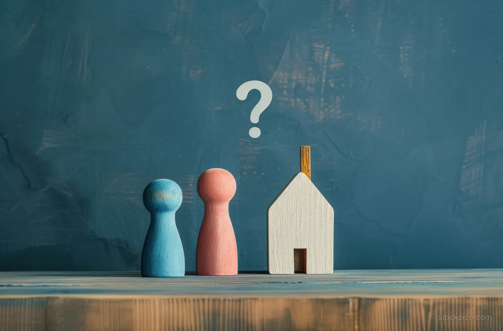 Two wooden game figures sit beside a small house figure with a question mark above, symbolizing uncertainty about home or family.