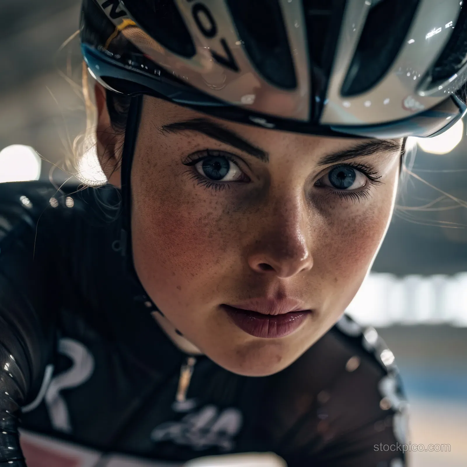 A British female cyclist in a helmet and race gear looks intensely forward inside a velodrome.