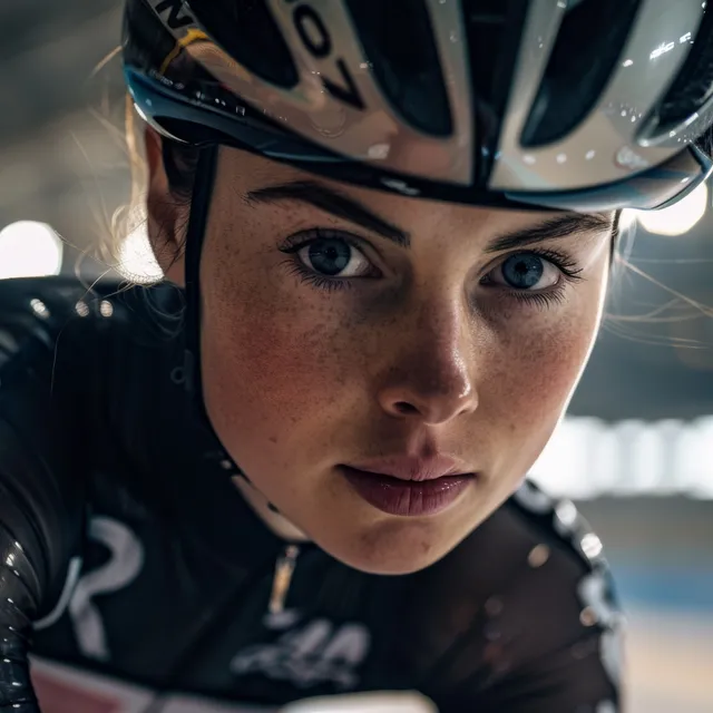 British female cyclist stares intensely ahead in velodrome, helmet and goggles visible
