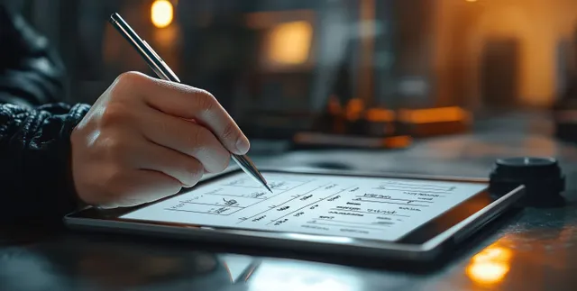 A person uses a stylus to write notes and sketch diagrams on a tablet in a softly lit indoor workspace.