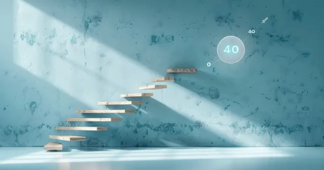 Wooden stairs climb upward toward a glowing arrow amid floating chart dots on a blue wall.
